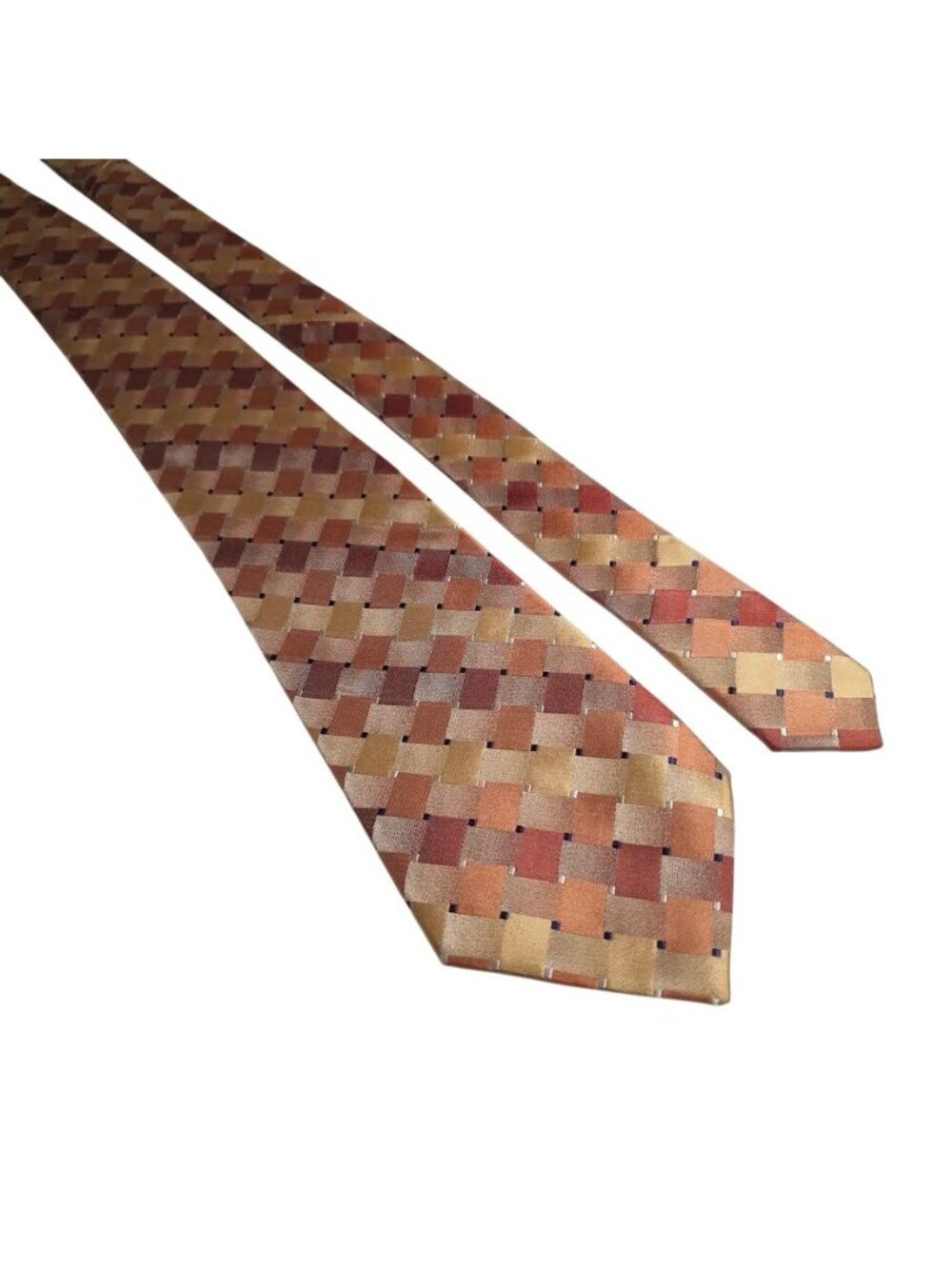 John Ashford Men Tie Peach Tan Orange Checkered Silk Stain Resistant 58 x 3.5